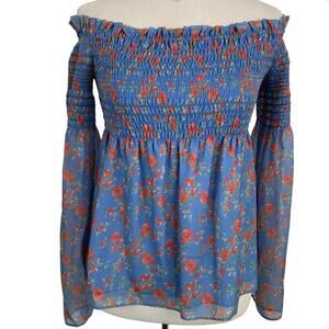 Intermix Silk Smocked Off Shoulder Floral Blouse Preppy Feminine Size S